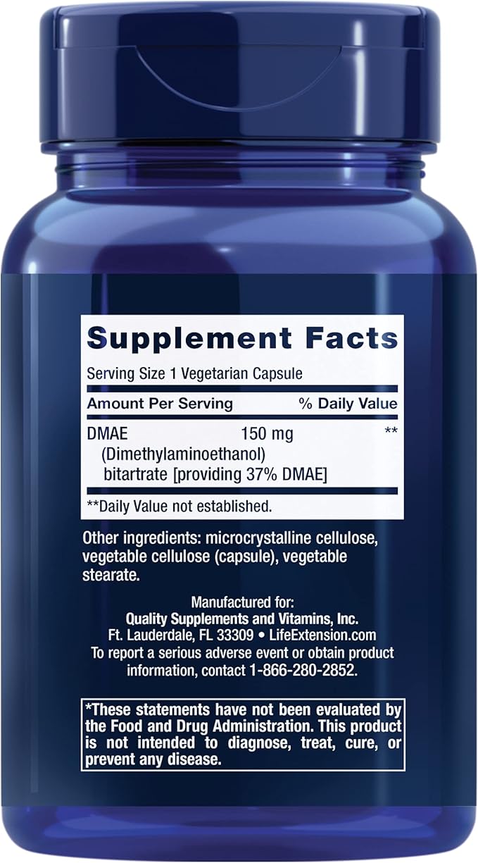 Life Extension DMAE Bitartrate, Supports neurotransmitter Production, 6-Month Supply, Gluten-Free, Non-GMO, Vegetarian, 200 Capsules