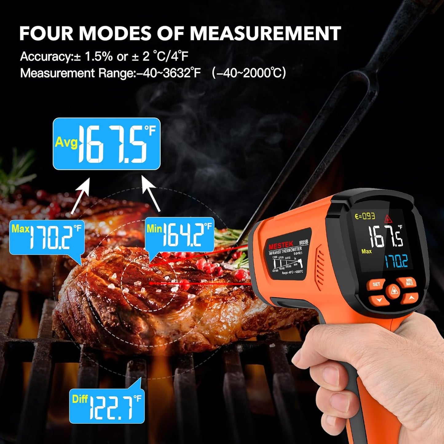 -40℉~3632℉, MESTEK Infrared Thermometer Temperature Gun, High Temp Thermometer with Thermocouple Probe, Non-Contact 50:1 Pyrometer Dual Laser Thermometer Gun for Engine, Kiln, Forging, Industrial