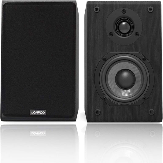 LONPOO Passive Bookshelf Speakers, 75W x 2 Classic Wooden Near Field Monitors with 4-Inch Carbon Fiber Woofer &1-Inch Silk Domed Tweeter 2-Way Loudspeakers,Amplifier Required (Not Inlcuded)