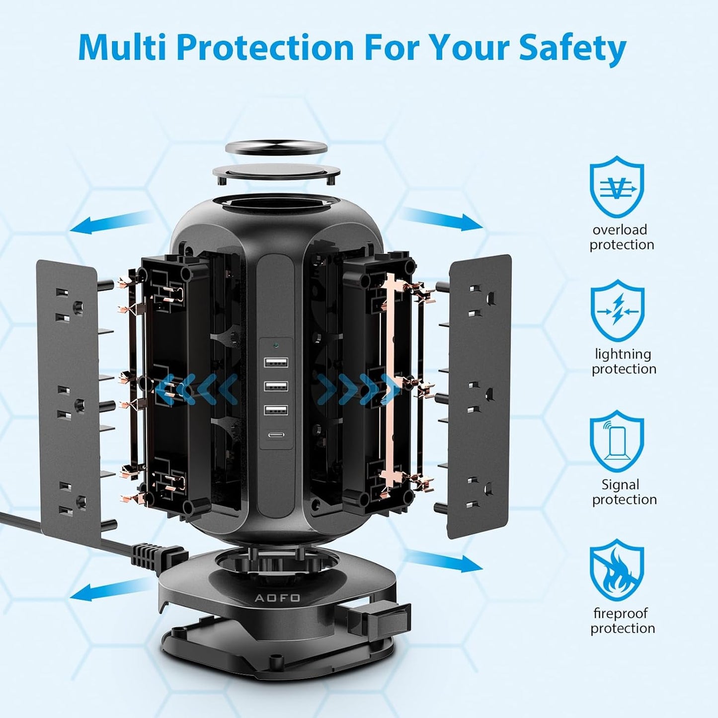 Long Extension Cord 15 ft Power Strip Tower, Surge Protector 12 AC Outlets 4 USB(1 USB C) Ports, Charging Tower Overload Protection with Multiple Outlets for Home Office