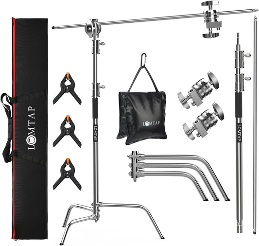LOMTAP C Stand Light Stand Stainless Metal Photography Kit - Heavy Duty 10.8ft/330cm Vertical Pole, 4.2ft/128cm Boom Arm, Adjustable Base, Water Sandbag, 2 Grip Heads, 3 Clips for Softbox, Reflector