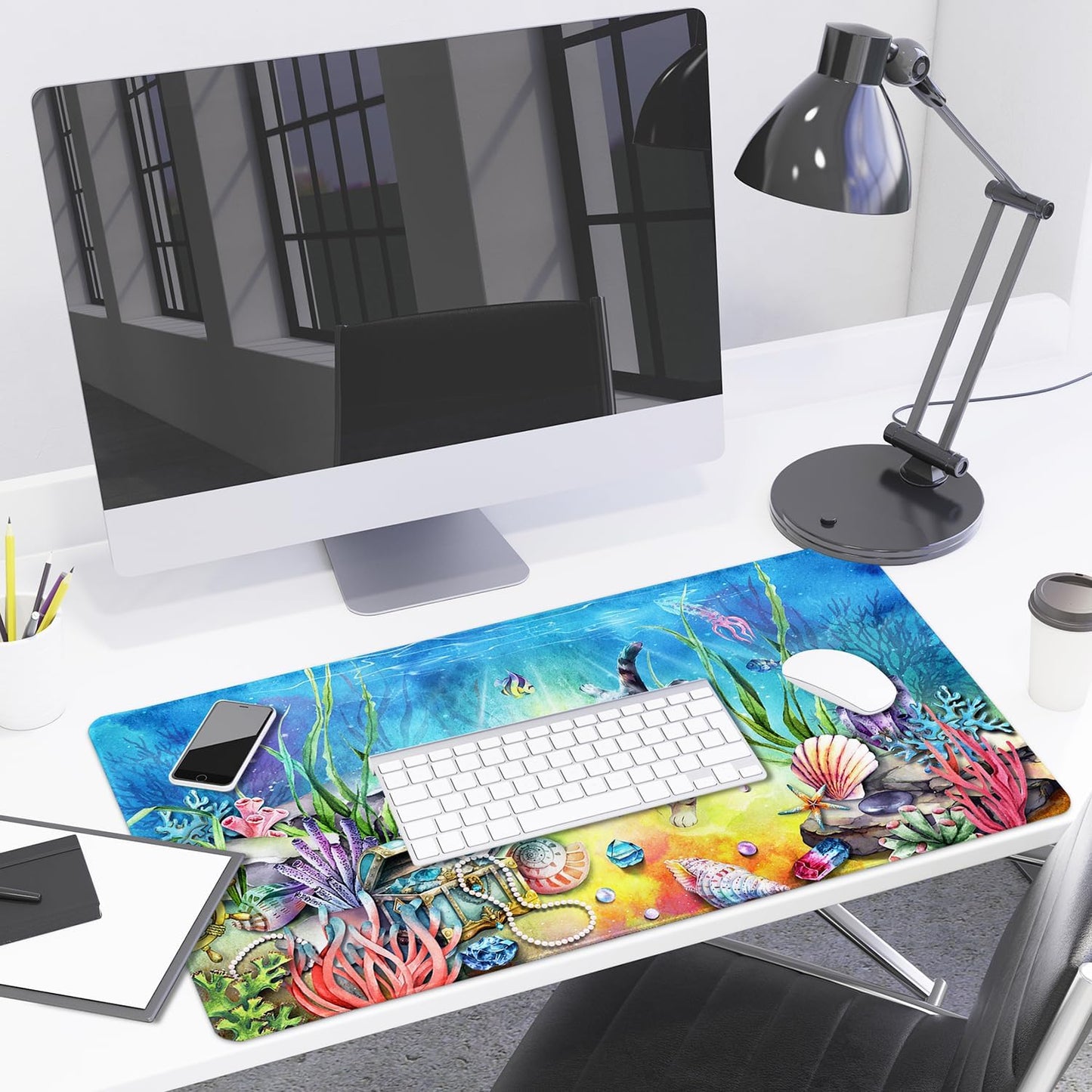 Lokigo Desk Pad Cool Cat, Big Desk Mat Cute Cat Ocean Underworld Extended Large Gaming Mouse Pad for Desk Boys Girls Non-Slip Rubber Base Stitched Edges Mouse Mat Office Home Laptop Desk Matt