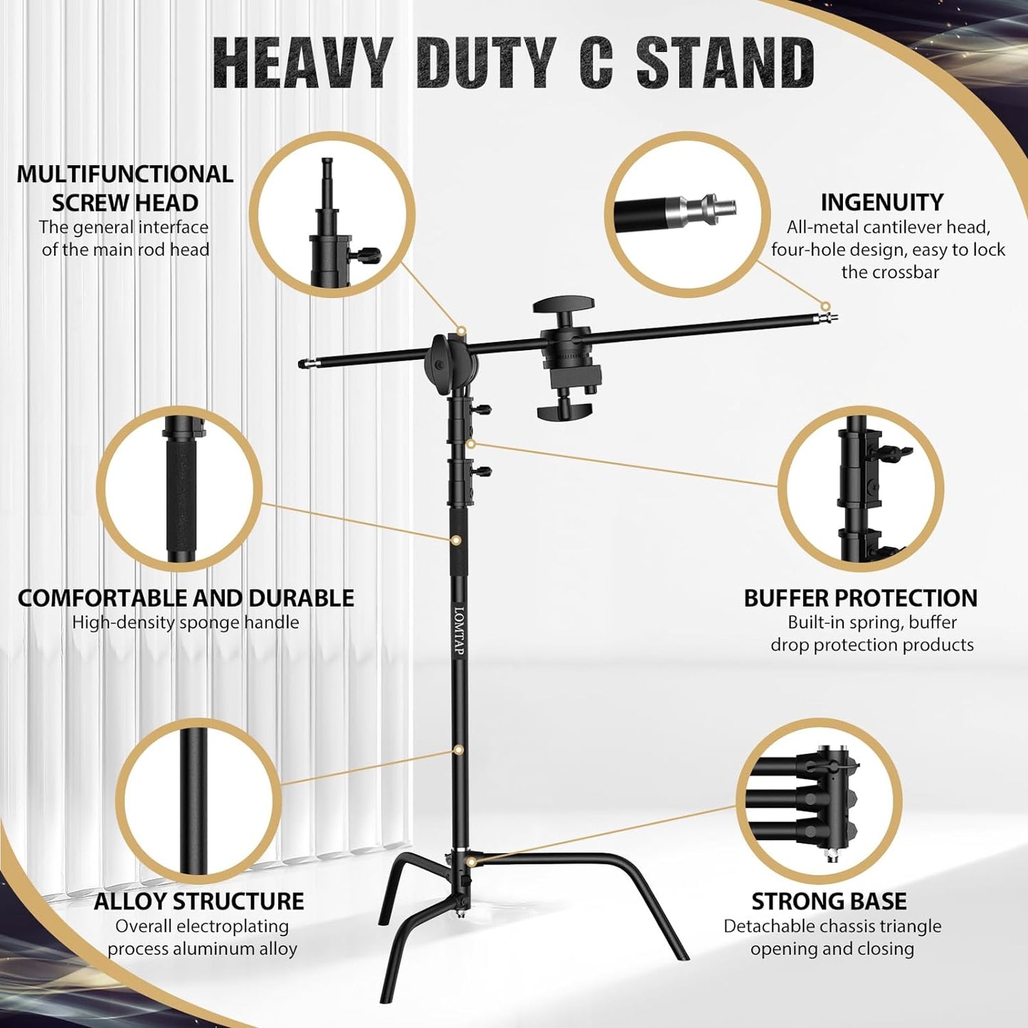 LOMTAP C Stand Light Stand Stainless Metal Photography Kit - Heavy Duty 10.8ft/330cm Vertical Pole, 4.2ft/128cm Boom Arm, Adjustable Base, Water Sandbag, 2 Grip Heads, 3 Clips for Softbox, Reflector
