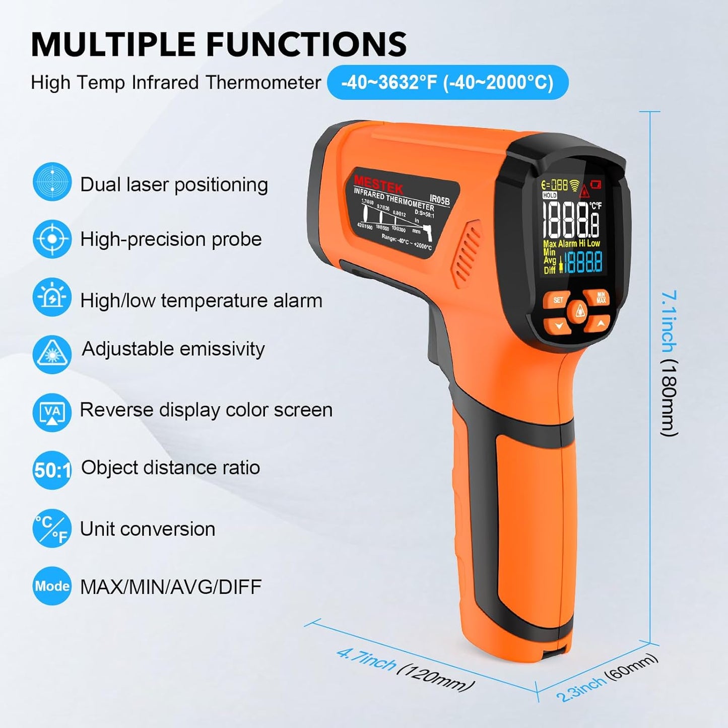 -40℉~3632℉, MESTEK Infrared Thermometer Temperature Gun, High Temp Thermometer with Thermocouple Probe, Non-Contact 50:1 Pyrometer Dual Laser Thermometer Gun for Engine, Kiln, Forging, Industrial