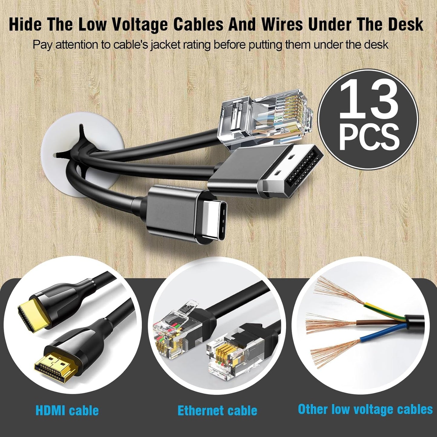 1" White Desk Grommet, JTemgle Flexible Cable Grommet with Bi-Metal Hole Saw Cross Rubber Cable Hole Cover Wire Organizer Caps Desktop Cord Management for Home Office TV Stands Tabletops, 13 Pieces