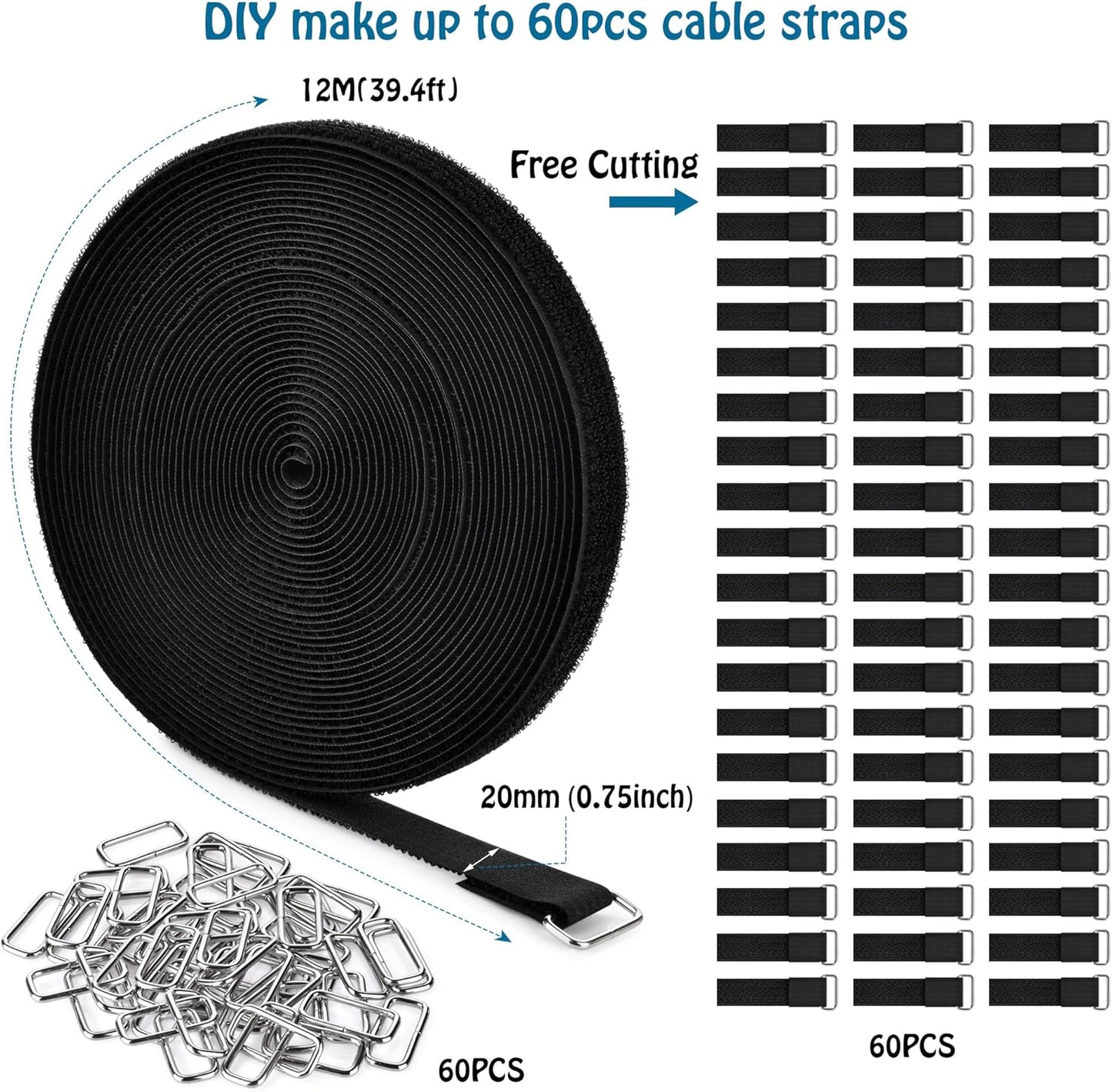 0.75" x39.4ft Hook and Loop Straps with 60 Buckles Adjustable Cut-to-Length Cable Ties - Reusable Nylon Fastening Tape Cable Straps for Storage or Organization (0.75in x 39.4ft)