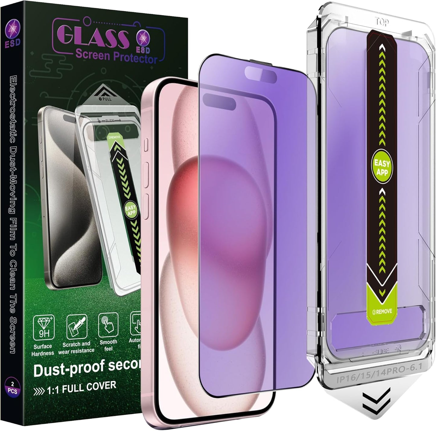 (2-Pack Anti Blue Light Matte Screen Protector for iPhone 14 Pro/15/16 (6.1-Inch),9H Tempered Glass,Anti-Glare,Full Coverage,Anti-Fingerprint,Auto Dust Removal,Bubble-Free