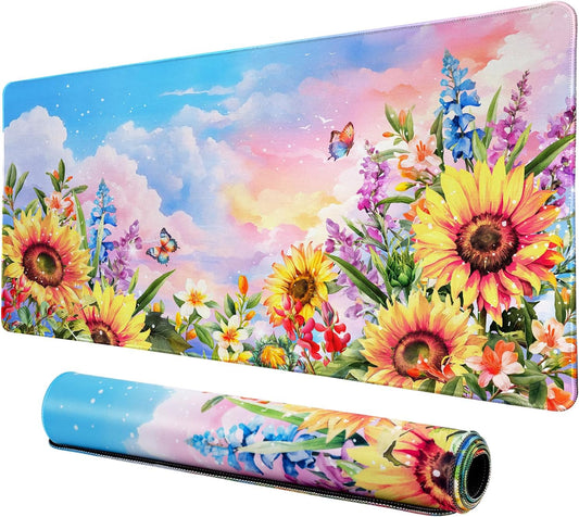 Lokigo Sunflower Mouse Pad Desk Pad Large Gaming Mouse Pad Floral Butterfly Non-Slip Rubber Base Mousepad Keyboard Writing Desk Mat for Home Office Work Study Gaming 31.5"x15.7", Flowers