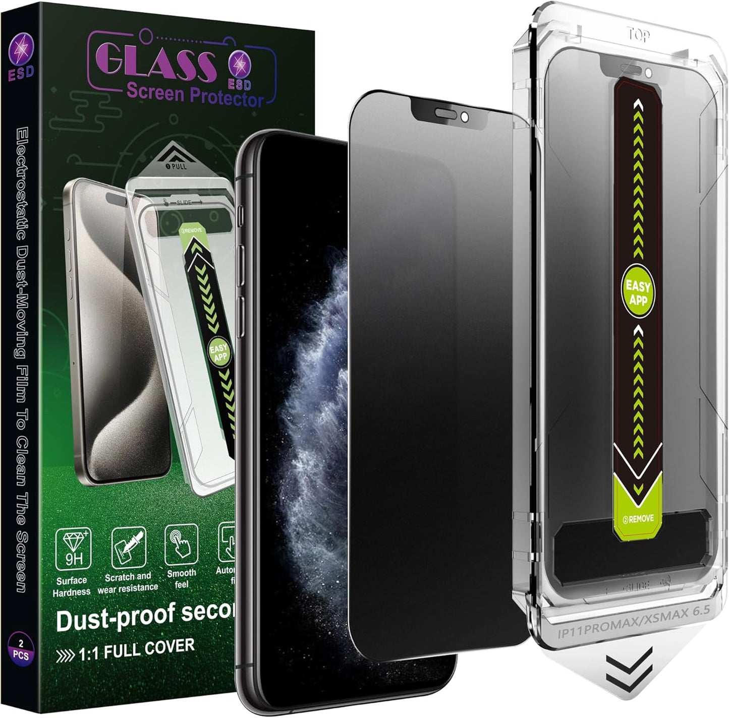 (2-Pack Matte Privacy Anti-Spy Screen Protector for iPhone 11 Pro Max/XS Max (6.5-Inch),9H Tempered Glass,Anti-Glare,Full Coverage,Anti-Fingerprint,Auto Dust Removal,Bubble-Free