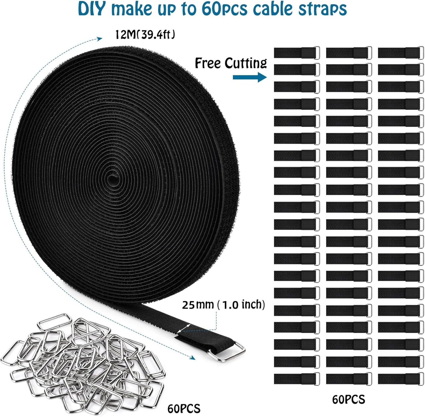 1"x39.4ft Hook and Loop Straps with 60 Buckles Adjustable Cut-to-Length Cable Ties Roll- Reusable Nylon Fastening Tape Cable Straps for Storage or Organization (1in x 39.4ft)