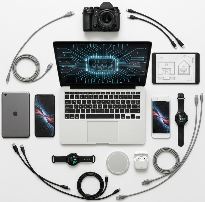 circle photo of electronics and gadget, make a real photo